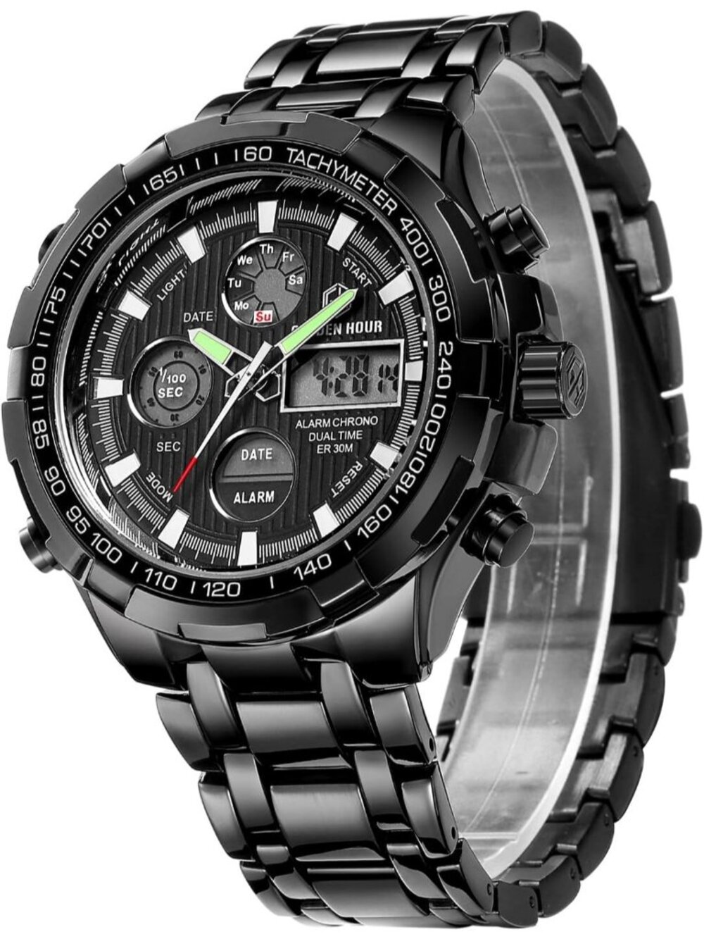 Men's Black Luxury Stainless Steel Analog Digital Sport Waterproof Wrist Watch